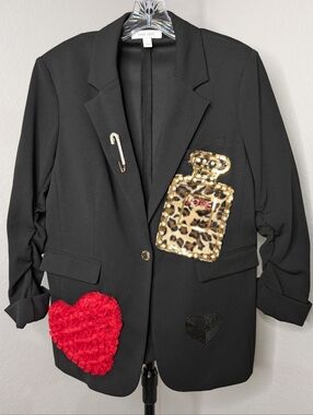Nine West Black Embellished Blazer with Red Heart & Leopard Perfume Patch